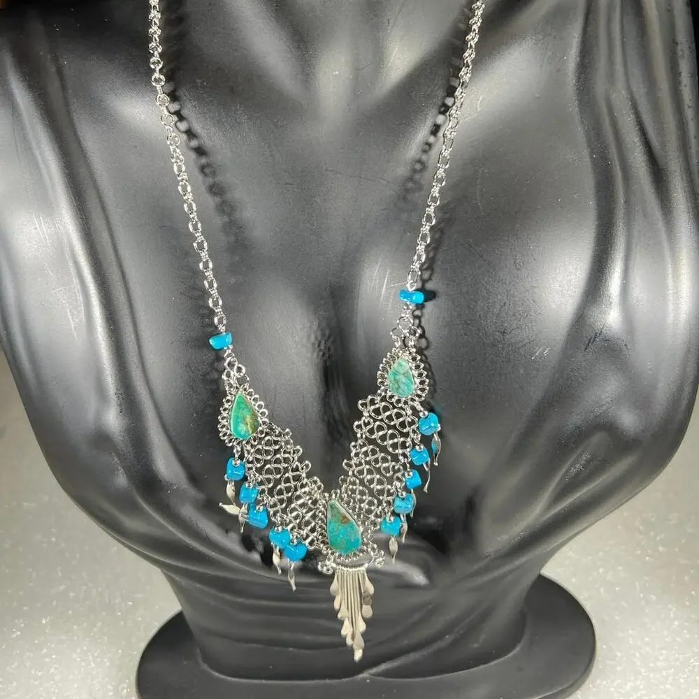Vintage Natural Stone Hand Crafted Wire Wrap Necklace 80s 90s Southwestern Look - Picture 7 of 16